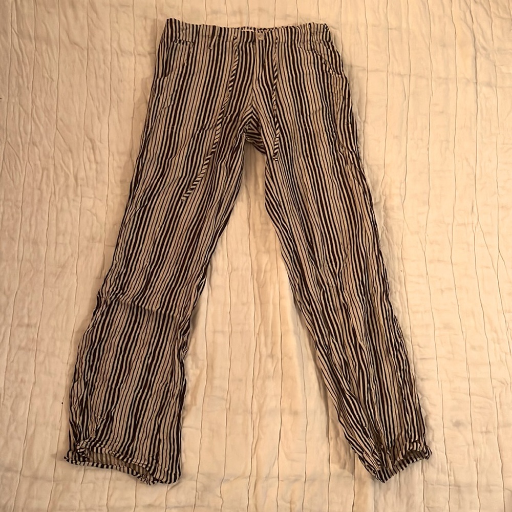 Blue and cream bootleg cut pants